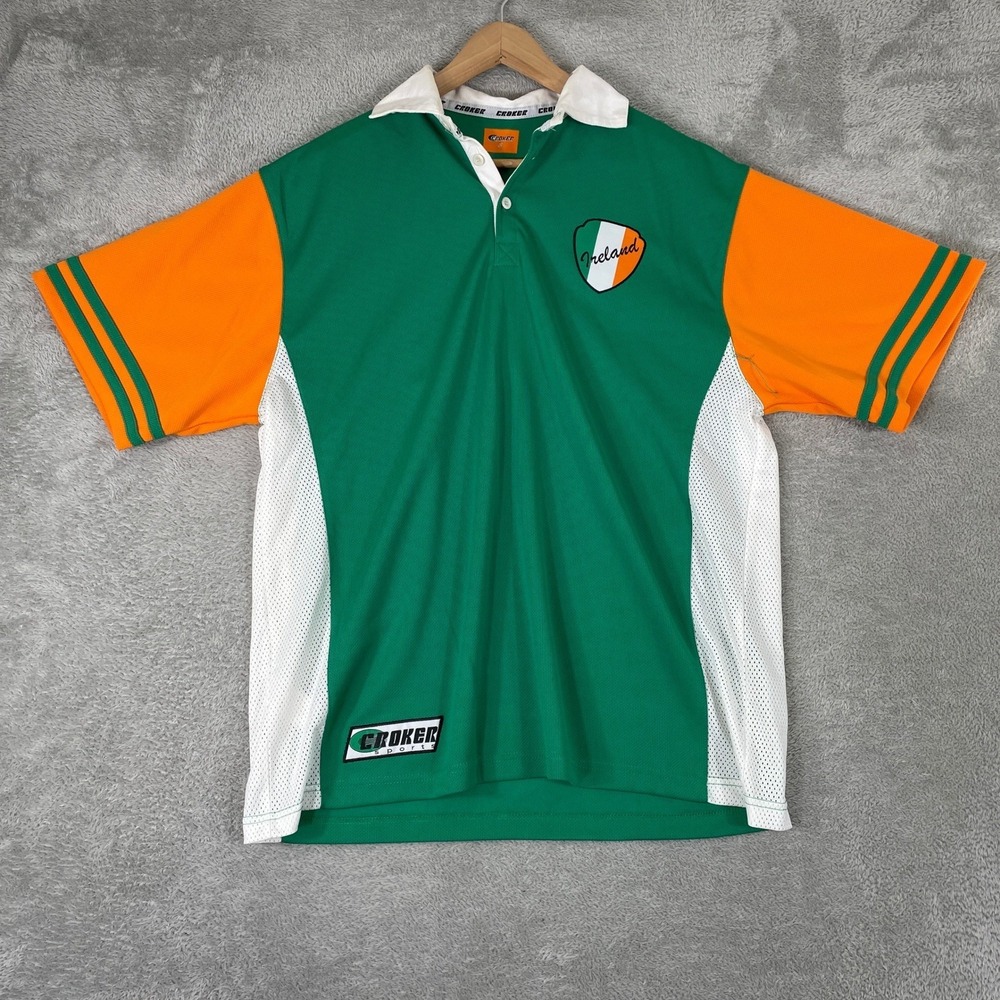 Croker Ireland Rugby Jersey Mens XL Green Orange Colorblock Mesh Polo Shirt